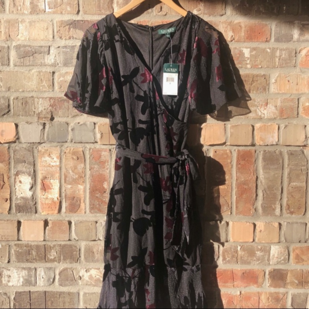 NWT Lauren Ralph Lauren Velvet-Trim Floral Dress